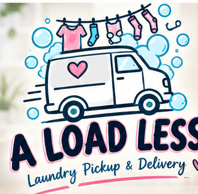 A Load Less laundry pickup and delivery logo with van, full business name and heart